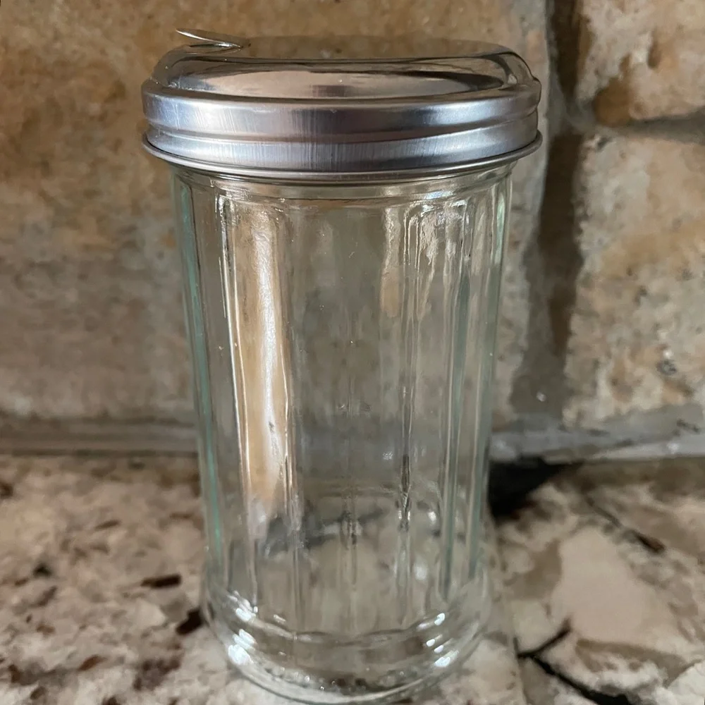 Vtg Ribbed Glass Sugar Shaker Dispenser Metal Flip Lid - Diner/Restaurant Style
